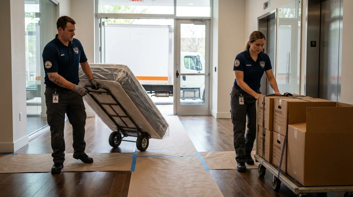 Professional apartment movers loading elevator in Garrochales, PR