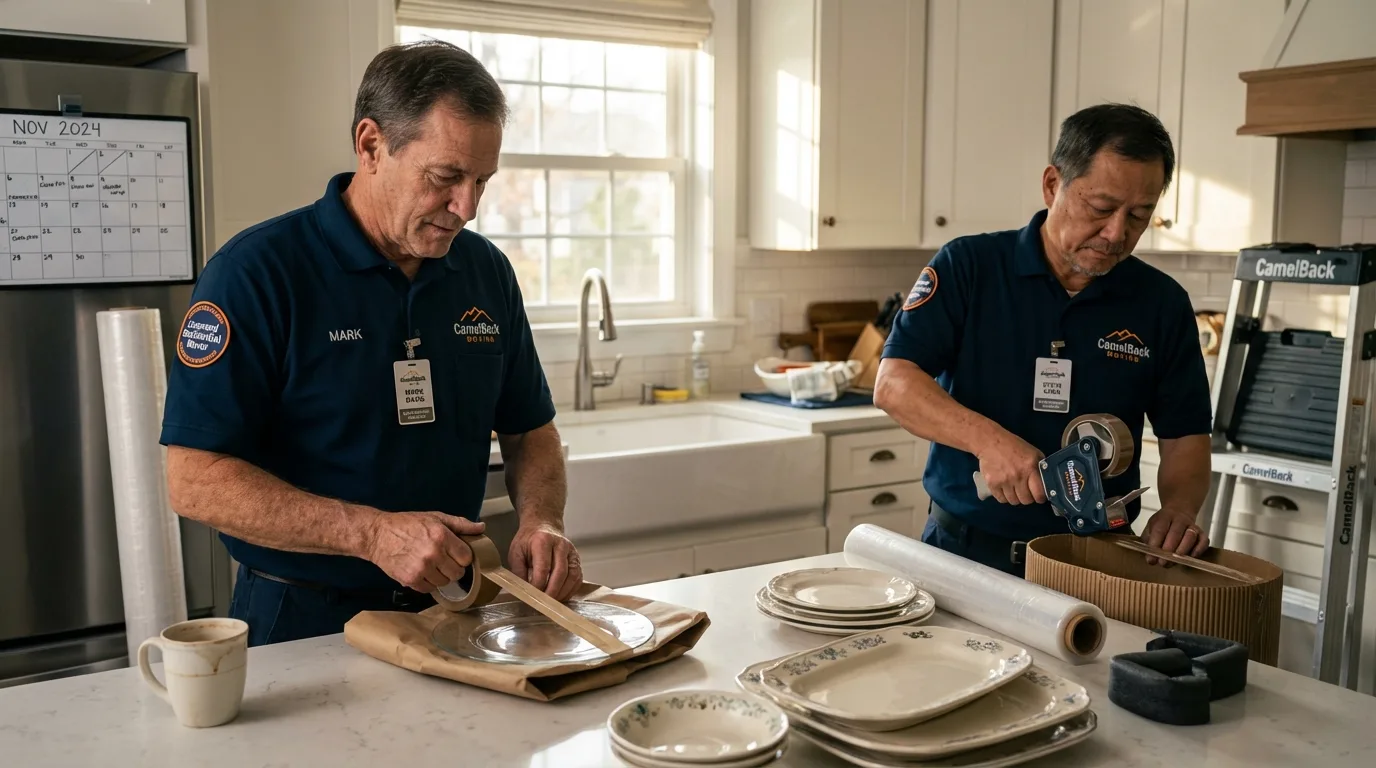 Professional crew packing kitchen dishware in Garrochales, PR